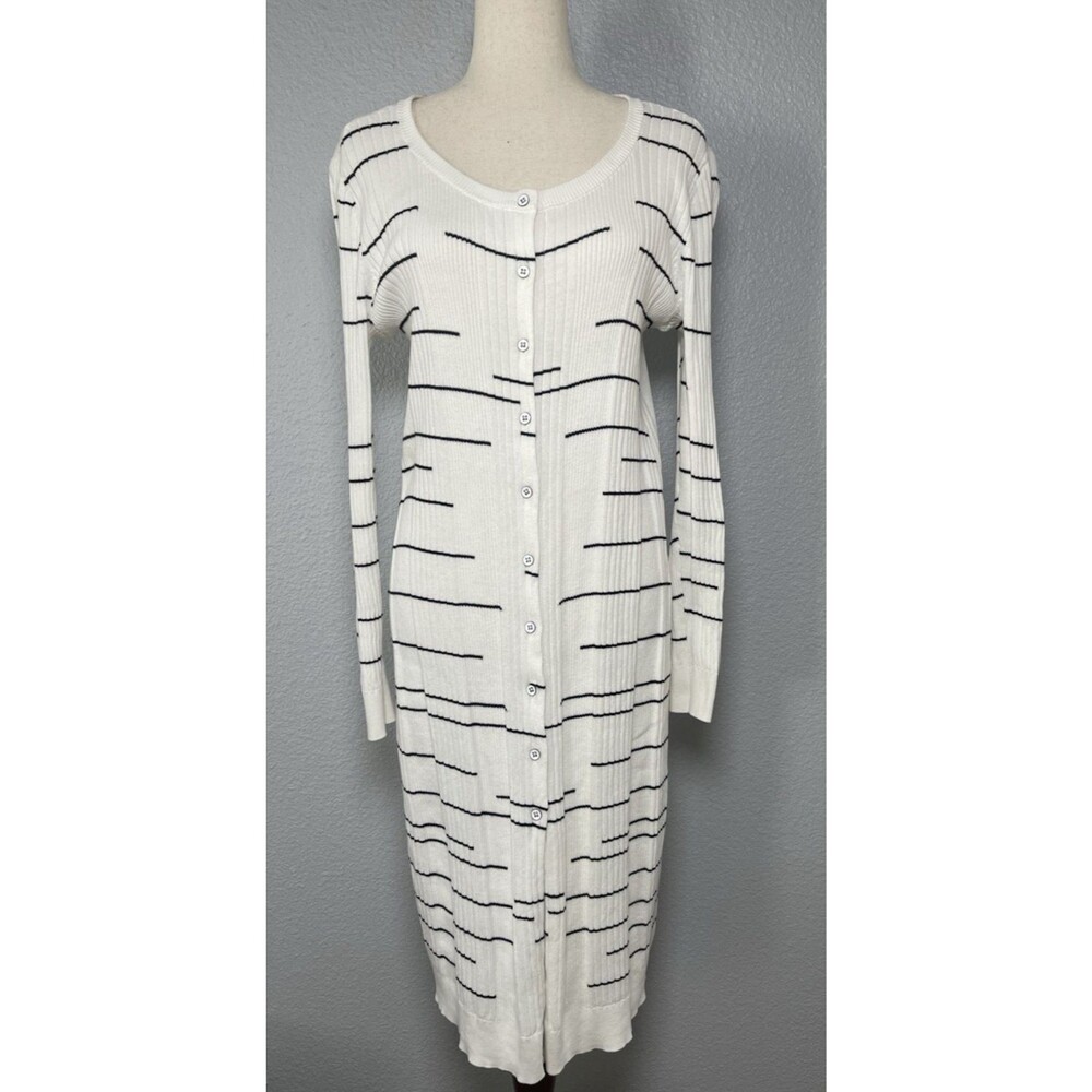 CAbi Striped Ribbed Knit Cardigan Dress M White Black Button Front Long Sleeve